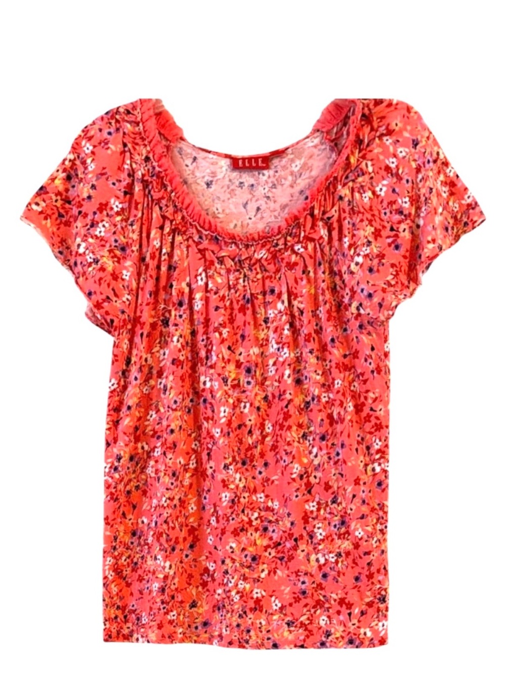 ELLE Pima Cotton Modal Coral Pink Ditsy Floral Ruffled Scoop-Neck Blouse Size M